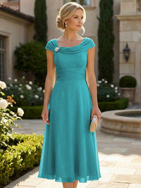 Lightweight Sheath Tea-Length Chiffon Mother of the Bride & Groom Dresses with Cowl Neck & Ruched Waist
