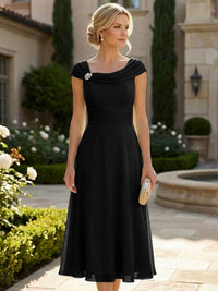 Lightweight Sheath Tea-Length Chiffon Mother of the Bride & Groom Dresses with Cowl Neck & Ruched Waist