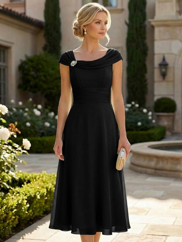 Lightweight Sheath Tea-Length Chiffon Mother of the Bride & Groom Dresses with Cowl Neck & Ruched Waist