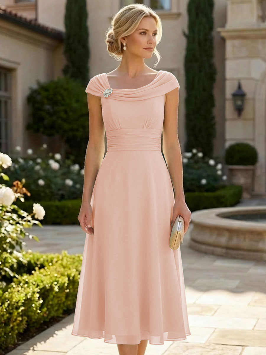 Lightweight Sheath Tea-Length Chiffon Mother of the Bride & Groom Dresses with Cowl Neck & Ruched Waist