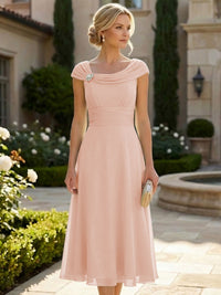 Lightweight Sheath Tea-Length Chiffon Mother of the Bride & Groom Dresses with Cowl Neck & Ruched Waist