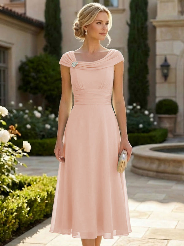 Lightweight Sheath Tea-Length Chiffon Mother of the Bride & Groom Dresses with Cowl Neck & Ruched Waist
