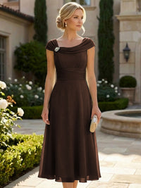 Lightweight Sheath Tea-Length Chiffon Mother of the Bride & Groom Dresses with Cowl Neck & Ruched Waist
