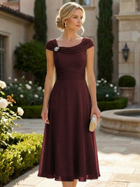 Lightweight Sheath Tea-Length Chiffon Mother of the Bride & Groom Dresses with Cowl Neck & Ruched Waist
