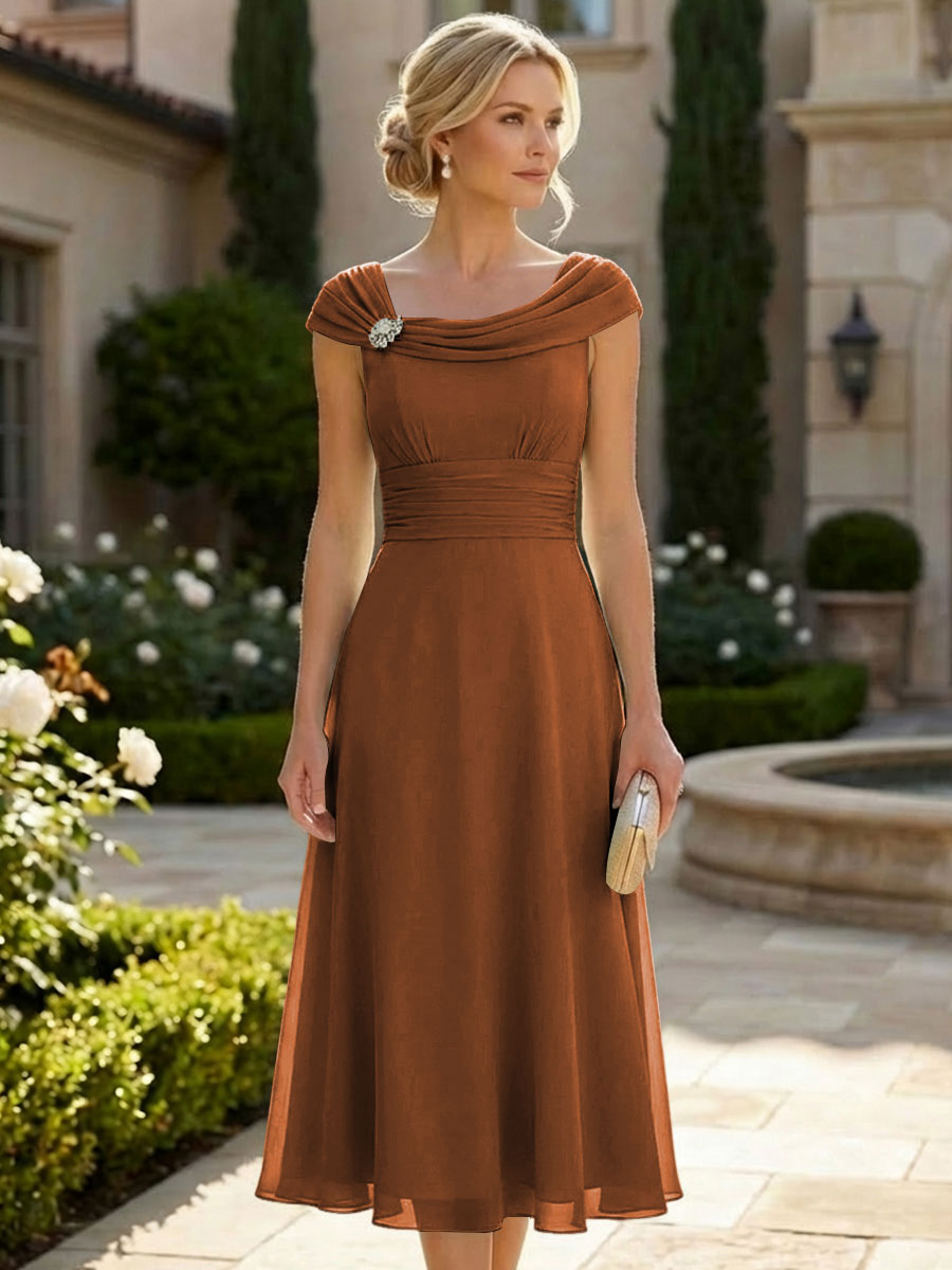 Lightweight Sheath Tea-Length Chiffon Mother of the Bride & Groom Dresses with Cowl Neck & Ruched Waist