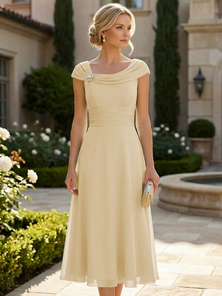 Lightweight Sheath Tea-Length Chiffon Mother of the Bride & Groom Dresses with Cowl Neck & Ruched Waist