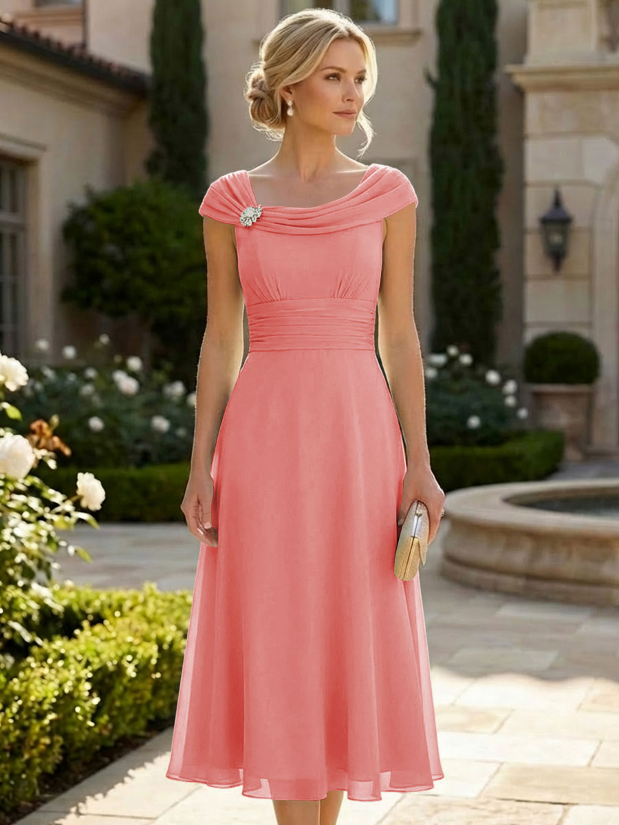 Lightweight Sheath Tea-Length Chiffon Mother of the Bride & Groom Dresses with Cowl Neck & Ruched Waist