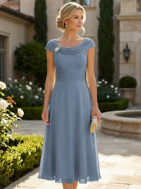 Lightweight Sheath Tea-Length Chiffon Mother of the Bride & Groom Dresses with Cowl Neck & Ruched Waist