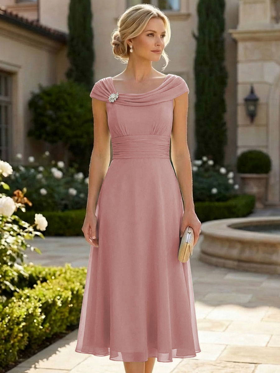 Lightweight Sheath Tea-Length Chiffon Mother of the Bride & Groom Dresses with Cowl Neck & Ruched Waist