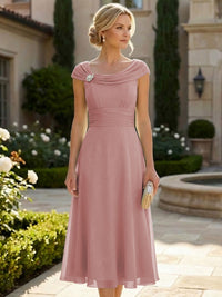 Lightweight Sheath Tea-Length Chiffon Mother of the Bride & Groom Dresses with Cowl Neck & Ruched Waist