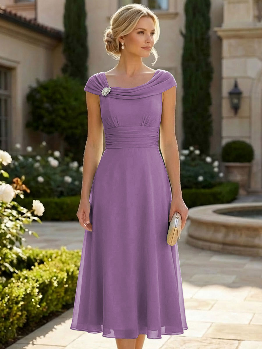 Lightweight Sheath Tea-Length Chiffon Mother of the Bride & Groom Dresses with Cowl Neck & Ruched Waist