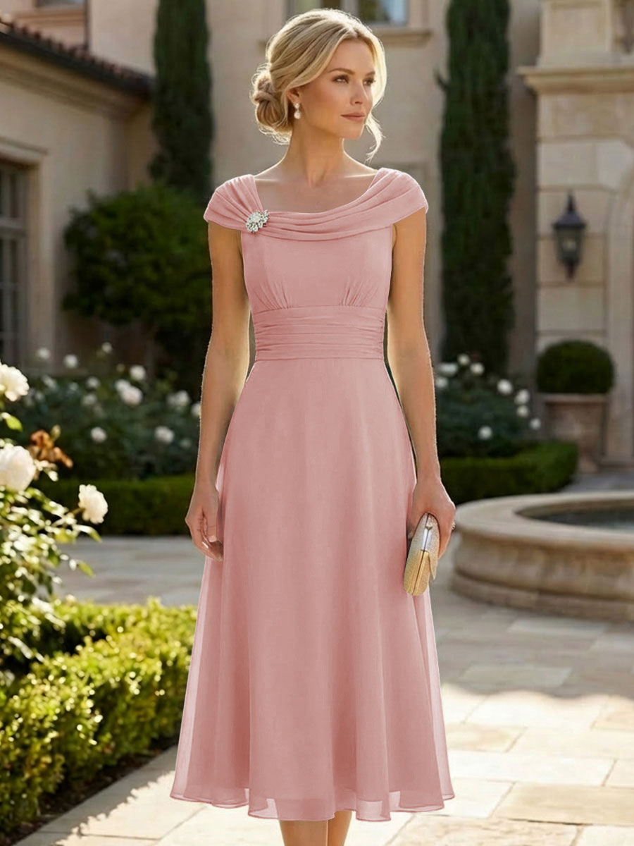 Lightweight Sheath Tea-Length Chiffon Mother of the Bride & Groom Dresses with Cowl Neck & Ruched Waist