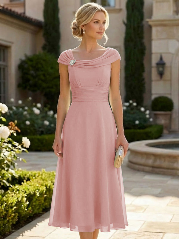 Lightweight Sheath Tea-Length Chiffon Mother of the Bride & Groom Dresses with Cowl Neck & Ruched Waist