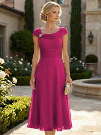 Lightweight Sheath Tea-Length Chiffon Mother of the Bride & Groom Dresses with Cowl Neck & Ruched Waist