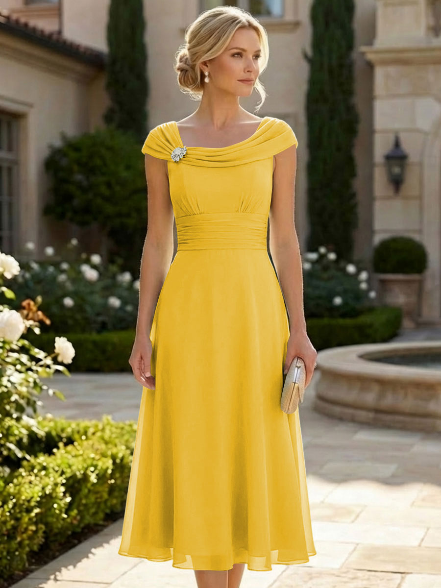 Lightweight Sheath Tea-Length Chiffon Mother of the Bride & Groom Dresses with Cowl Neck & Ruched Waist