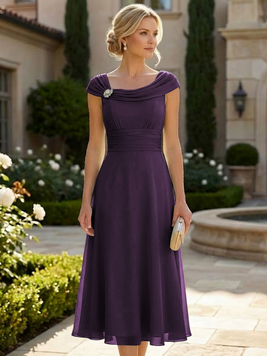 Lightweight Sheath Tea-Length Chiffon Mother of the Bride & Groom Dresses with Cowl Neck & Ruched Waist
