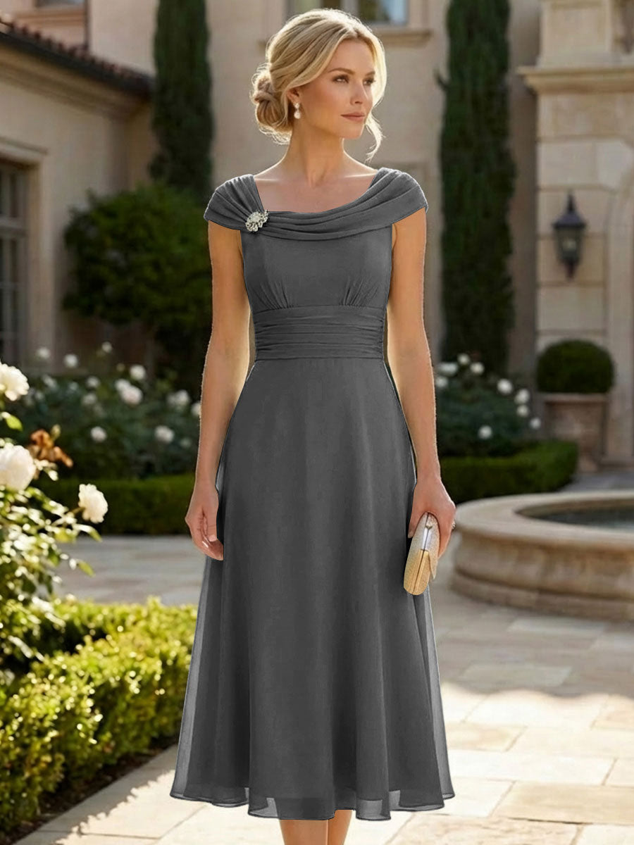 Lightweight Sheath Tea-Length Chiffon Mother of the Bride & Groom Dresses with Cowl Neck & Ruched Waist