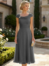 Lightweight Sheath Tea-Length Chiffon Mother of the Bride & Groom Dresses with Cowl Neck & Ruched Waist