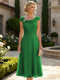 Lightweight Sheath Tea-Length Chiffon Mother of the Bride & Groom Dresses with Cowl Neck & Ruched Waist