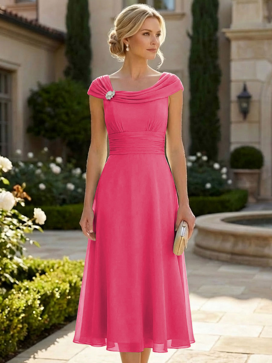 Lightweight Sheath Tea-Length Chiffon Mother of the Bride & Groom Dresses with Cowl Neck & Ruched Waist
