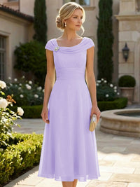 Lightweight Sheath Tea-Length Chiffon Mother of the Bride & Groom Dresses with Cowl Neck & Ruched Waist