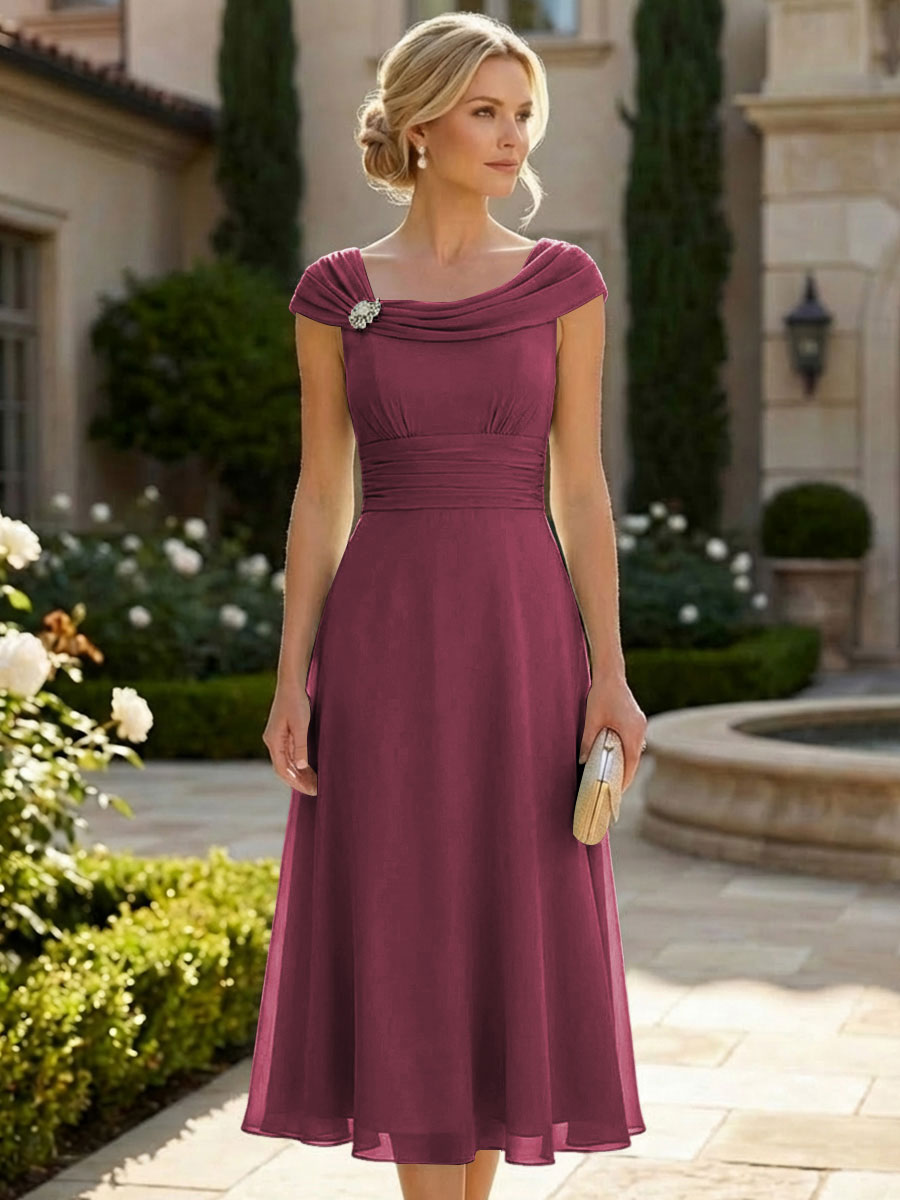 Lightweight Sheath Tea-Length Chiffon Mother of the Bride & Groom Dresses with Cowl Neck & Ruched Waist