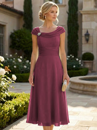 Lightweight Sheath Tea-Length Chiffon Mother of the Bride & Groom Dresses with Cowl Neck & Ruched Waist