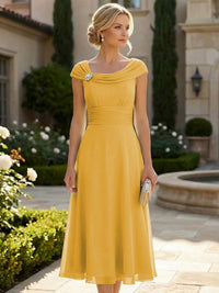 Lightweight Sheath Tea-Length Chiffon Mother of the Bride & Groom Dresses with Cowl Neck & Ruched Waist