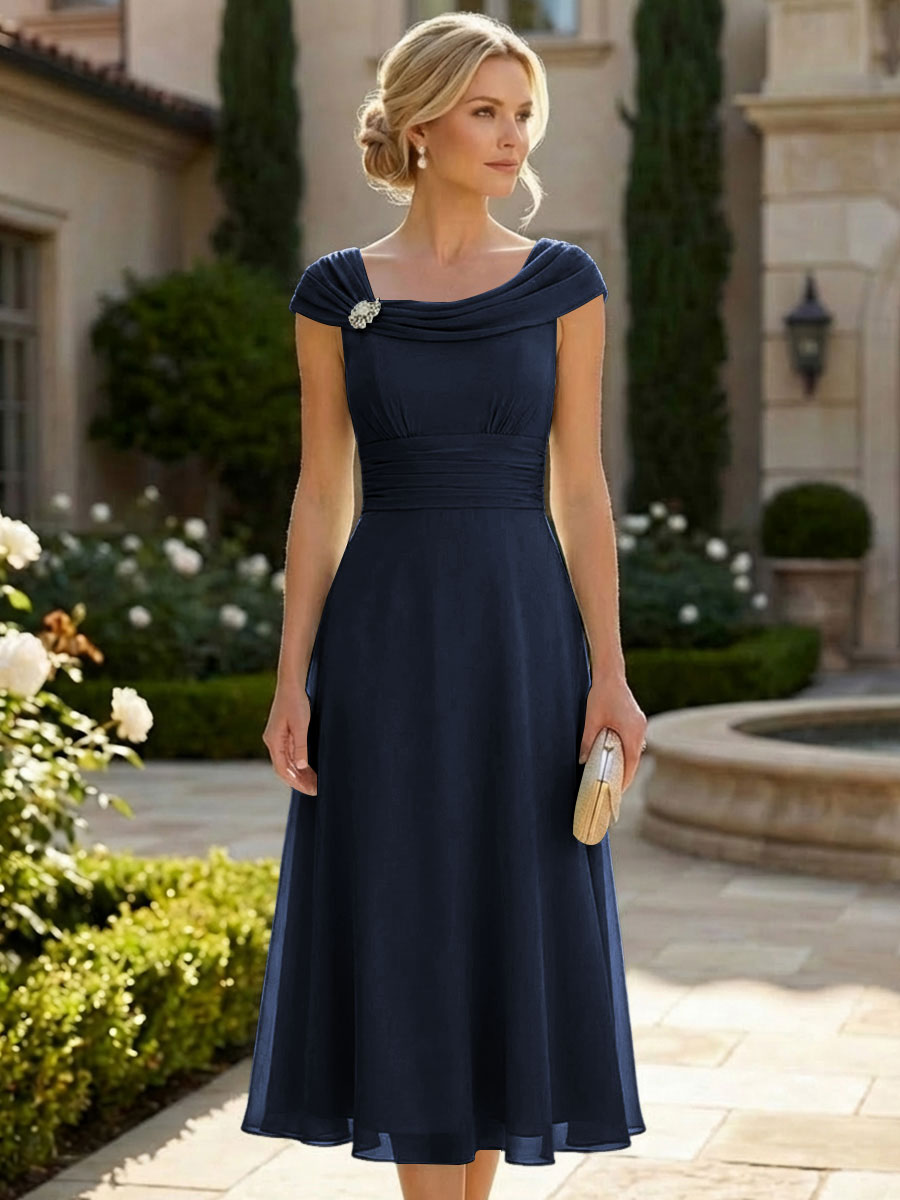Lightweight Sheath Tea-Length Chiffon Mother of the Bride & Groom Dresses with Cowl Neck & Ruched Waist