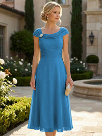 Lightweight Sheath Tea-Length Chiffon Mother of the Bride & Groom Dresses with Cowl Neck & Ruched Waist