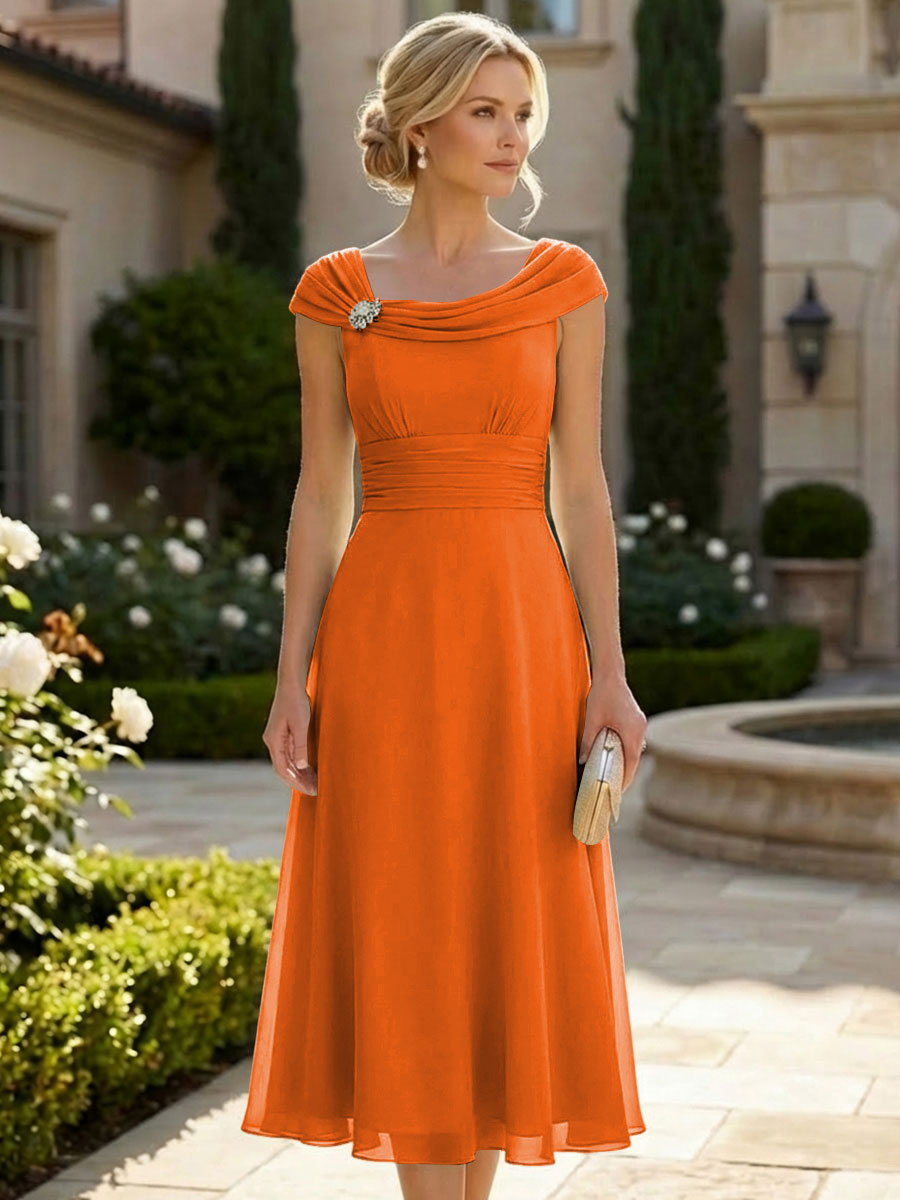 Lightweight Sheath Tea-Length Chiffon Mother of the Bride & Groom Dresses with Cowl Neck & Ruched Waist