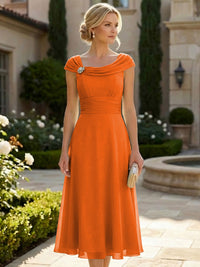Lightweight Sheath Tea-Length Chiffon Mother of the Bride & Groom Dresses with Cowl Neck & Ruched Waist