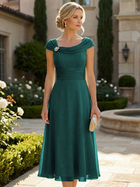 Lightweight Sheath Tea-Length Chiffon Mother of the Bride & Groom Dresses with Cowl Neck & Ruched Waist