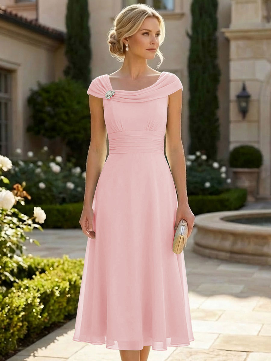 Lightweight Sheath Tea-Length Chiffon Mother of the Bride & Groom Dresses with Cowl Neck & Ruched Waist