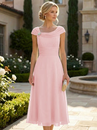 Lightweight Sheath Tea-Length Chiffon Mother of the Bride & Groom Dresses with Cowl Neck & Ruched Waist
