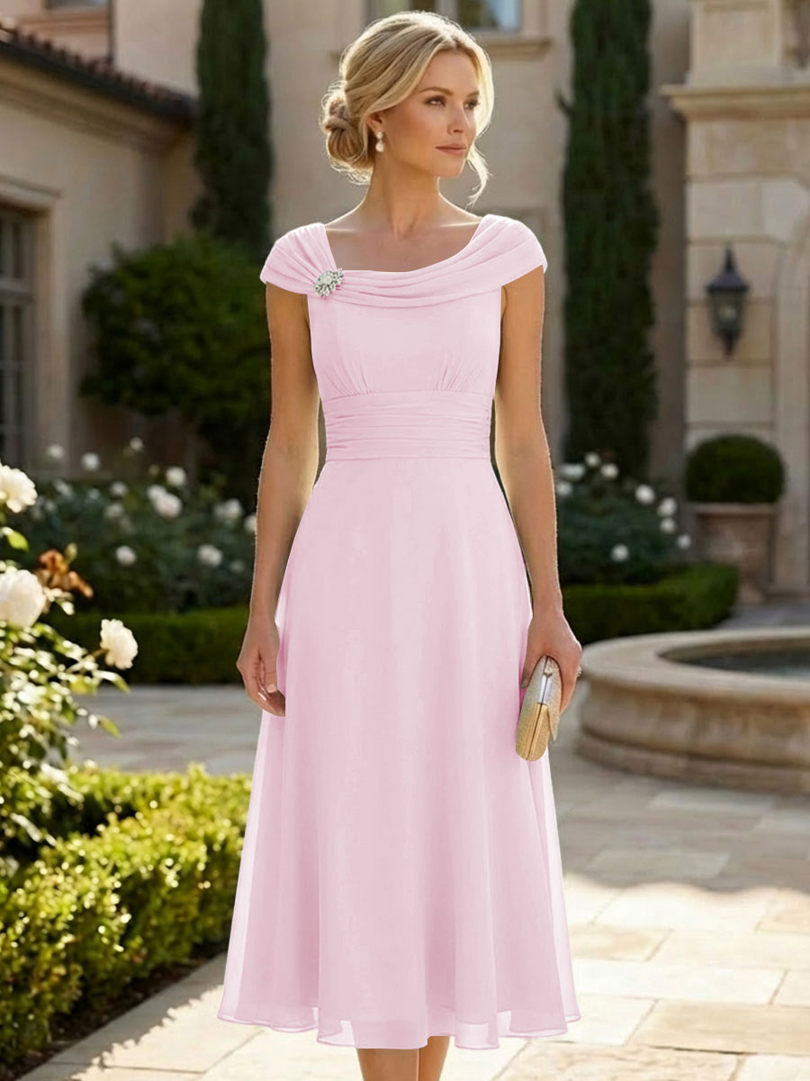 Shirees Wine Red Lightweight Sheath Tea-Length Chiffon Mother of the Bride & Groom Dresses with Cowl Neck & Ruched Waist 2026