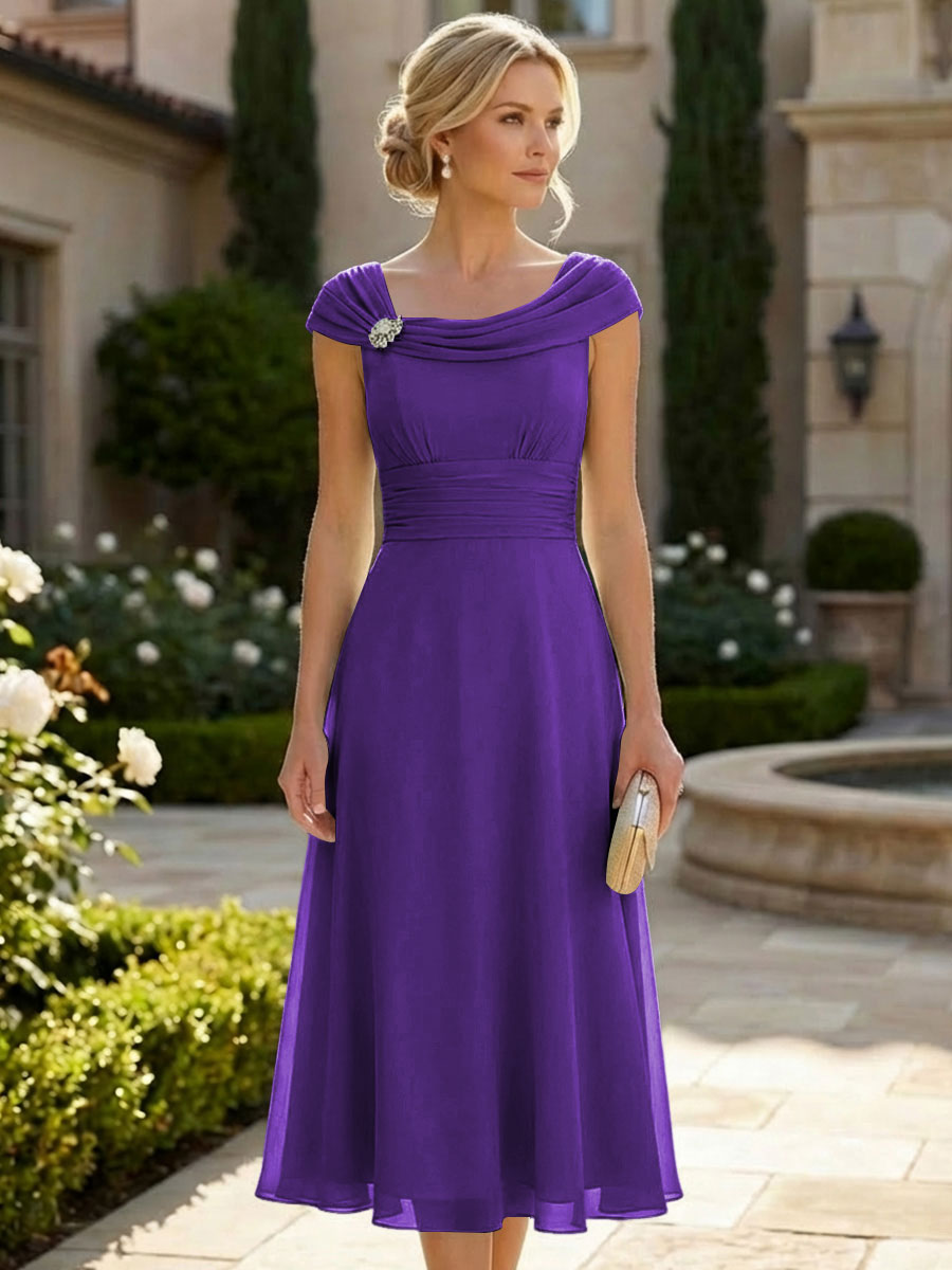 Lightweight Sheath Tea-Length Chiffon Mother of the Bride & Groom Dresses with Cowl Neck & Ruched Waist
