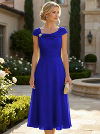 Lightweight Sheath Tea-Length Chiffon Mother of the Bride & Groom Dresses with Cowl Neck & Ruched Waist