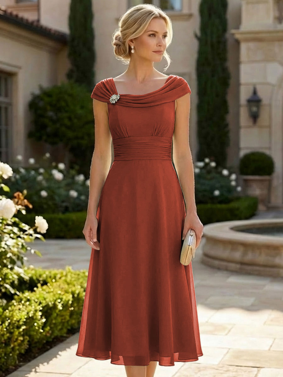 Lightweight Sheath Tea-Length Chiffon Mother of the Bride & Groom Dresses with Cowl Neck & Ruched Waist