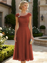 Lightweight Sheath Tea-Length Chiffon Mother of the Bride & Groom Dresses with Cowl Neck & Ruched Waist
