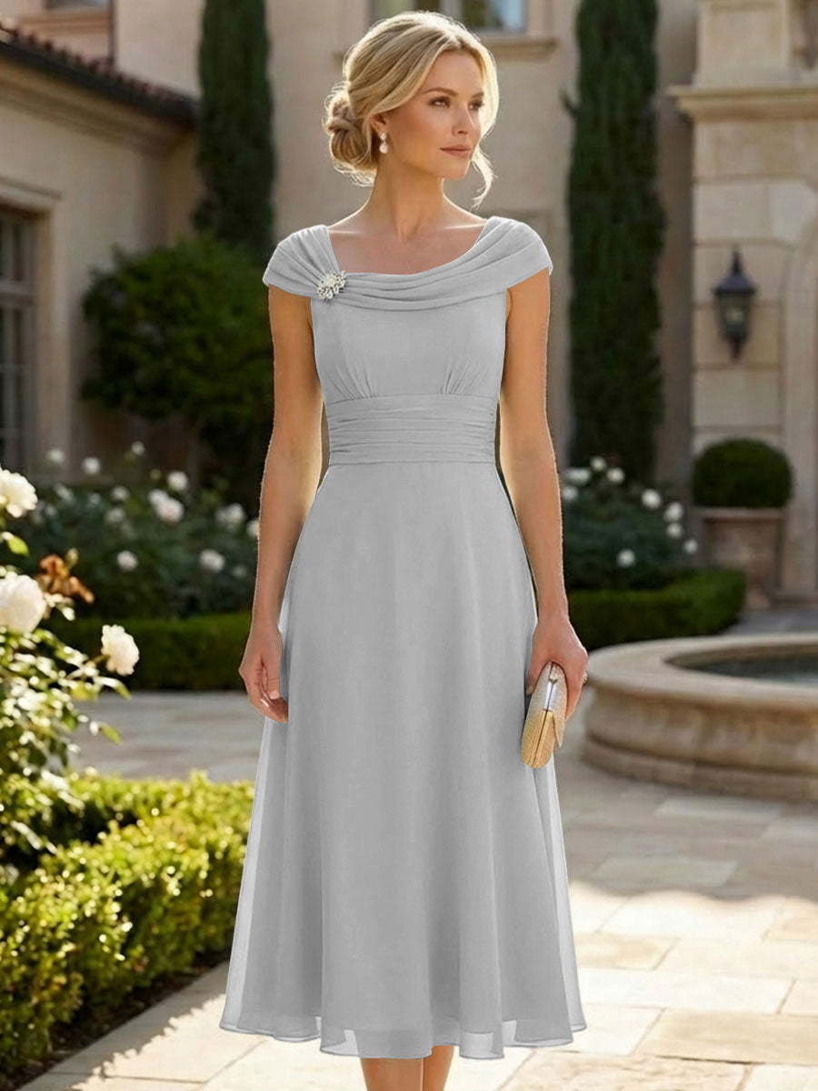 Lightweight Sheath Tea-Length Chiffon Mother of the Bride & Groom Dresses with Cowl Neck & Ruched Waist