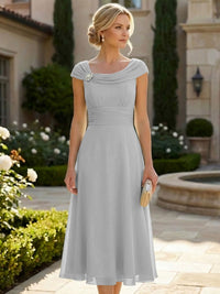 Lightweight Sheath Tea-Length Chiffon Mother of the Bride & Groom Dresses with Cowl Neck & Ruched Waist