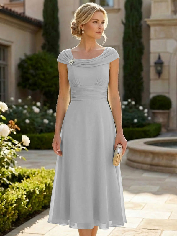 Lightweight Sheath Tea-Length Chiffon Mother of the Bride & Groom Dresses with Cowl Neck & Ruched Waist