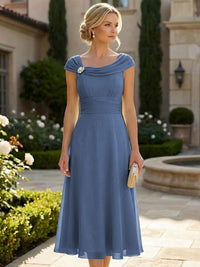 Lightweight Sheath Tea-Length Chiffon Mother of the Bride & Groom Dresses with Cowl Neck & Ruched Waist