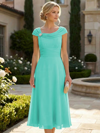Lightweight Sheath Tea-Length Chiffon Mother of the Bride & Groom Dresses with Cowl Neck & Ruched Waist