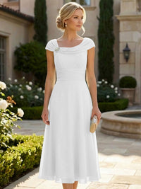 Lightweight Sheath Tea-Length Chiffon Mother of the Bride & Groom Dresses with Cowl Neck & Ruched Waist