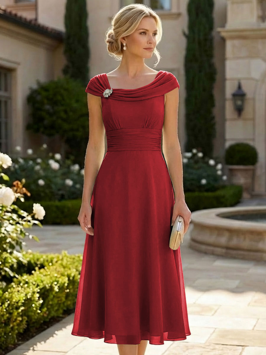 Lightweight Sheath Tea-Length Chiffon Mother of the Bride & Groom Dresses with Cowl Neck & Ruched Waist