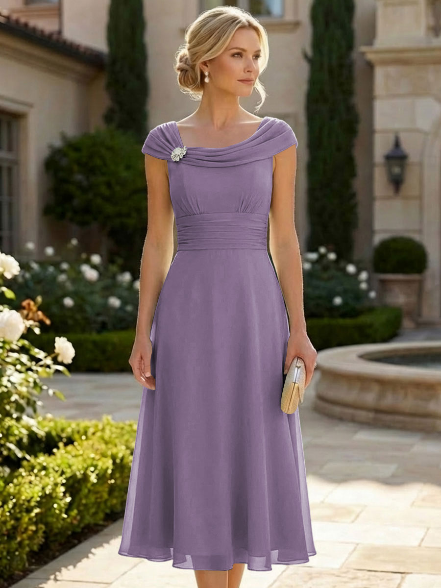Lightweight Sheath Tea-Length Chiffon Mother of the Bride & Groom Dresses with Cowl Neck & Ruched Waist