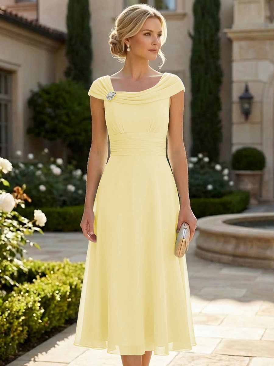 Lightweight Sheath Tea-Length Chiffon Mother of the Bride & Groom Dresses with Cowl Neck & Ruched Waist
