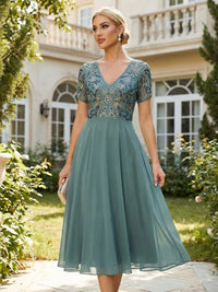 Lightweight Tea-Length Chiffon Short Sleeves Mother of the Bride & Groom Dresses with Floral Sequin Bodice